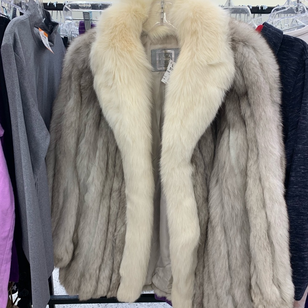 Saga Fox Genuine Fur Ribbed Norwegian Blue Fox Coat with Arctic Fox Tuxedo Front